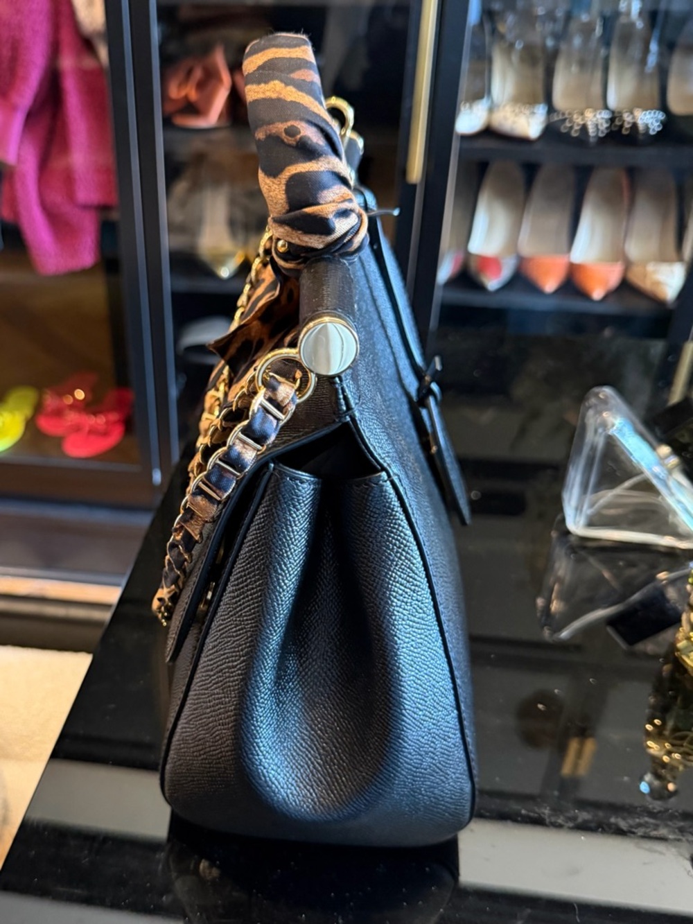 Dolce & Gabbana Black Satchel with Leopard-Print Scarf and Gold Chain Detail - Picture 3 of 7